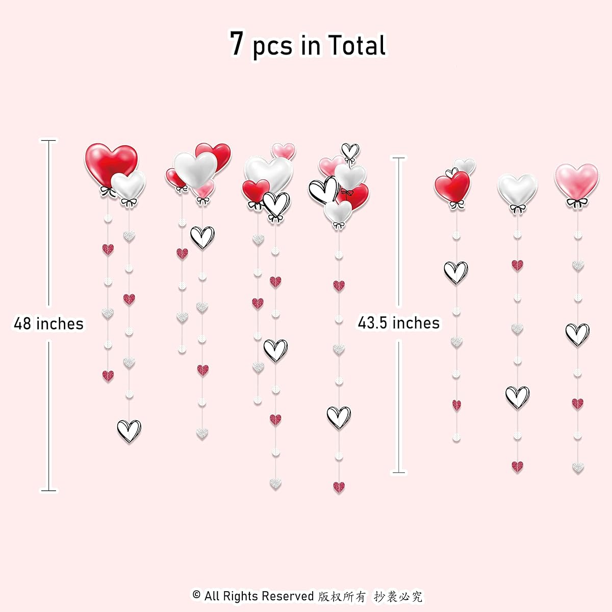 Love Heart Garland for Valentine's Day Decoration 7 Piece Set Red White Pink Heart Streamer Banner Background Anniversary Wedding Bridal Baby Shower Happy Mother's Day Party Supplies