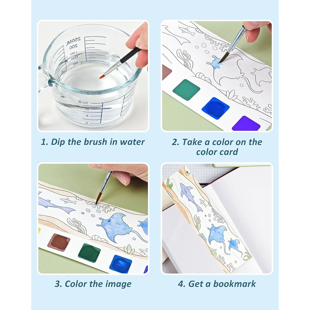 Vileafy Sea Animals Water Painting Book for Kids Ages 4-8 and Adults - Art Party Favors with 20 Pocket Watercolor Cards and 20 Mini Paintbrushes for Travel (Sea Animals)