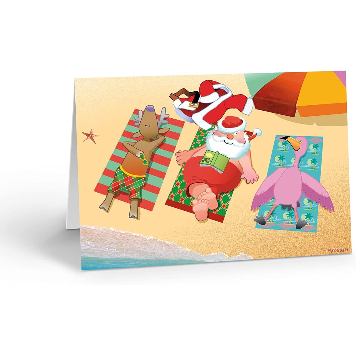 Samus Santa & Flamingo - Funny Christmas Cards & Envelopes - Beach 18 Count