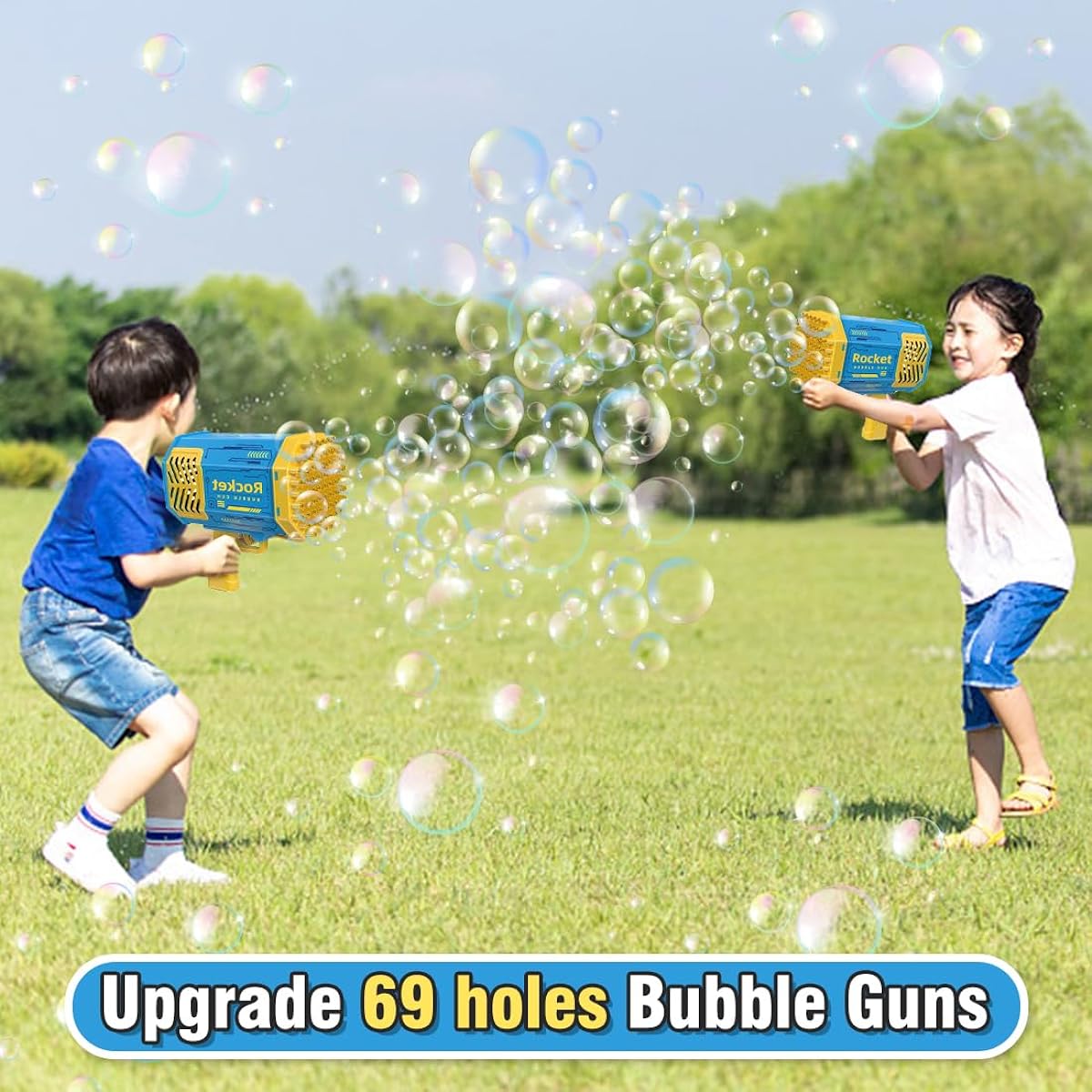 Bubble Machine Gun for Kids, Automatic 69 Hole Bubble Gun with Light Bubble Solution, Bubble Maker Bubble Blower Machine Gift for Toddler Boys Girls for Party Outdoor Birthday Wedding (Blue)