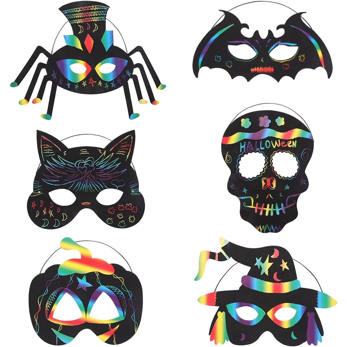 Neknock Rainbow Scratch Paper Halloween Mask Craft Set, 24pcs Magic Scratch Paper Masks, 24pcs Elastic Cords Scratch Tool Halloween Party Favors Scratch Art Party Favors for Kids