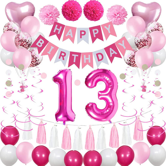 13th Birthday Decorations for Girls, Pink and White 13th Birthday Balloons, 13th Birthday Party Supplies for Daughter, Her, Kids, Pink Happy Birthday Banner, Hot Pink Number 13 Foil