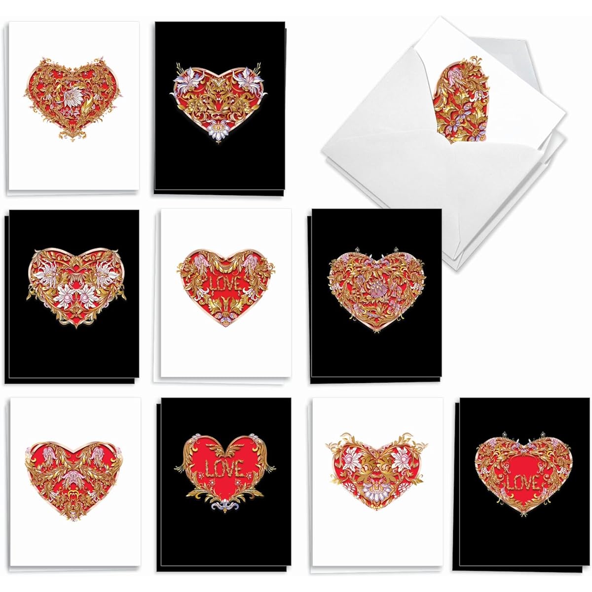 The Best Card Company Baroque Heart - 20 Assorted Boxed All Occasion Notecards with Envelopes (4 x 5.12 inches) - AM8999OCB-B2x10