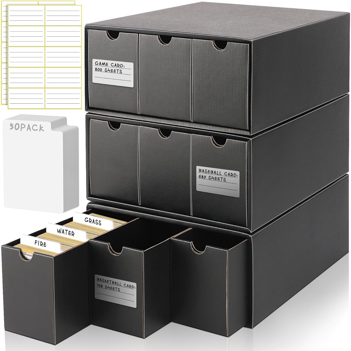 Homthy Trading 9 Pack Cardboard Storage Boxes with 50 Card Dividers, Card Storage Organizers with Labels for YuGiOh/MTG/Sports Cards