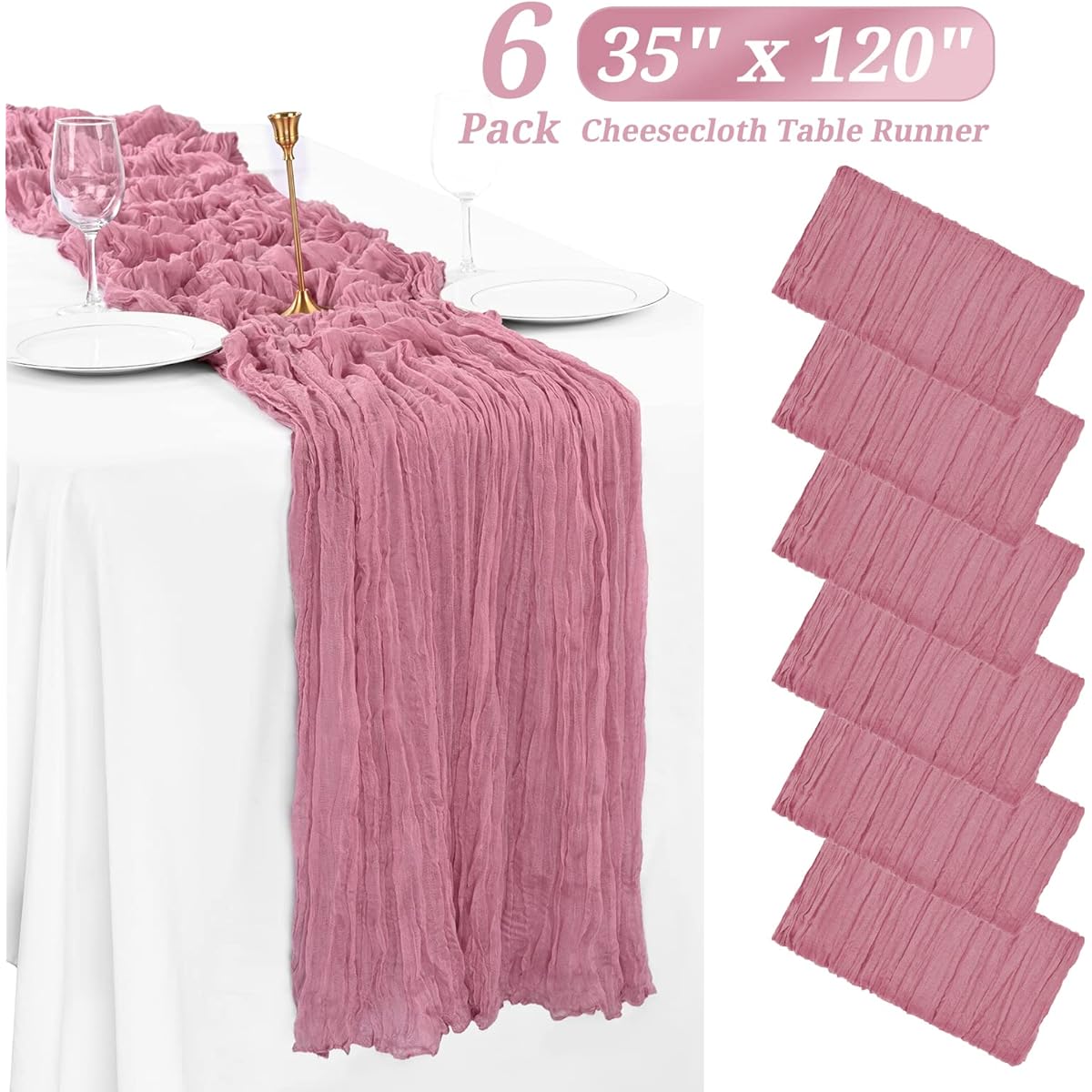 6 Pack Dusty Rose Cheesecloth Table Runner Gauze Table Runner 10FT Long Semi-Sheer Table Runner Boho or Rustic Wedding Table Decor for Wedding Decor Arch Draping Bridal Shower Holiday Party