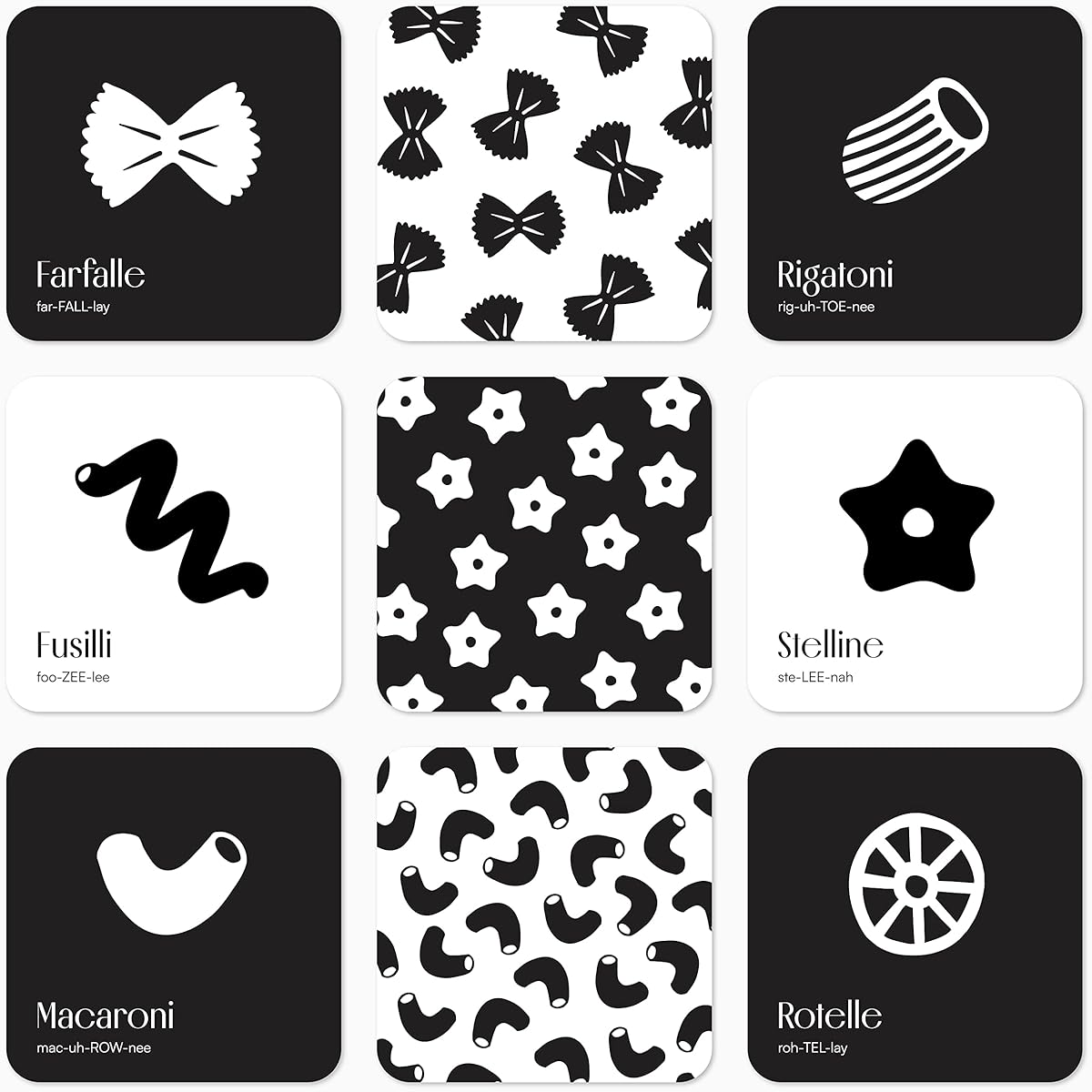 BlueMilk Pasta Baby High Contrast Cards Sensory Toys Learning Activities Large Black and White Flash Cards Newborn Tummy Time Play 0 Months+ Infant Essentials Curious Baby Activity Cards Gift Set
