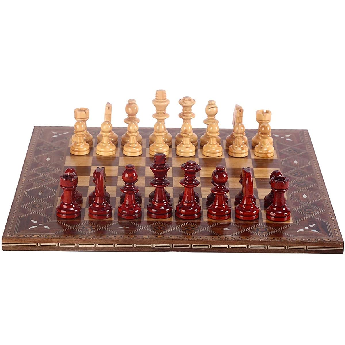 CHESSLANDTR Boxwood Staunton Chess Set for Adults and Kids, Handcrafted Decorative Natural Solid Wood Chess Board, Original Pearl Around Board, King 3.5 Inch