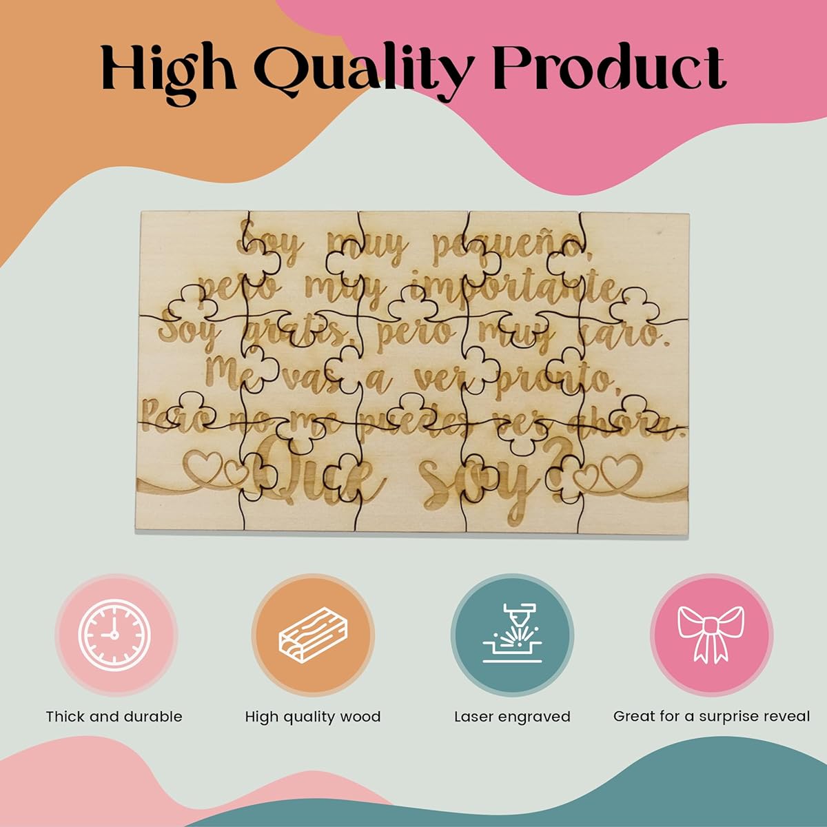 What Am I (Que Soy?) Spanish Baby Riddle Puzzle - 15 Piece Basswood Jigsaw Puzzle 5.75" x 3.5" Fun Together Surprise Pregnancy Announcement