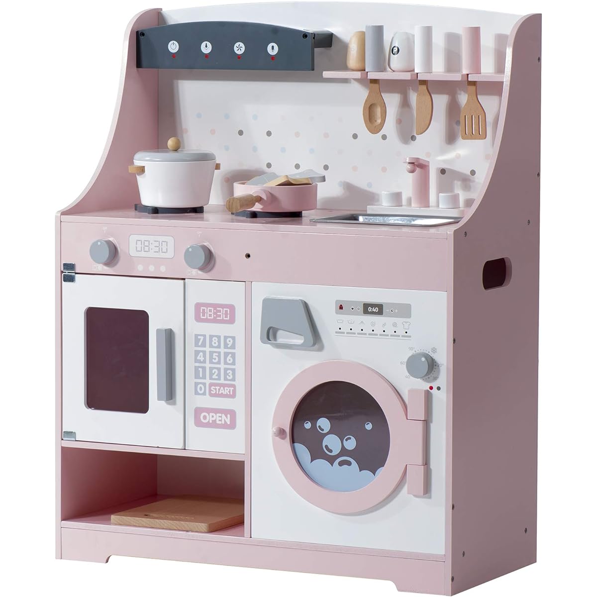 Playhouse Kitchen, Wooden, Cookware Included, Condiments Included, Ingredients Included, Washing Machine Included, Storage Included, Assembly Type, Children's Birthday Present, Mini Kitchen, Pink