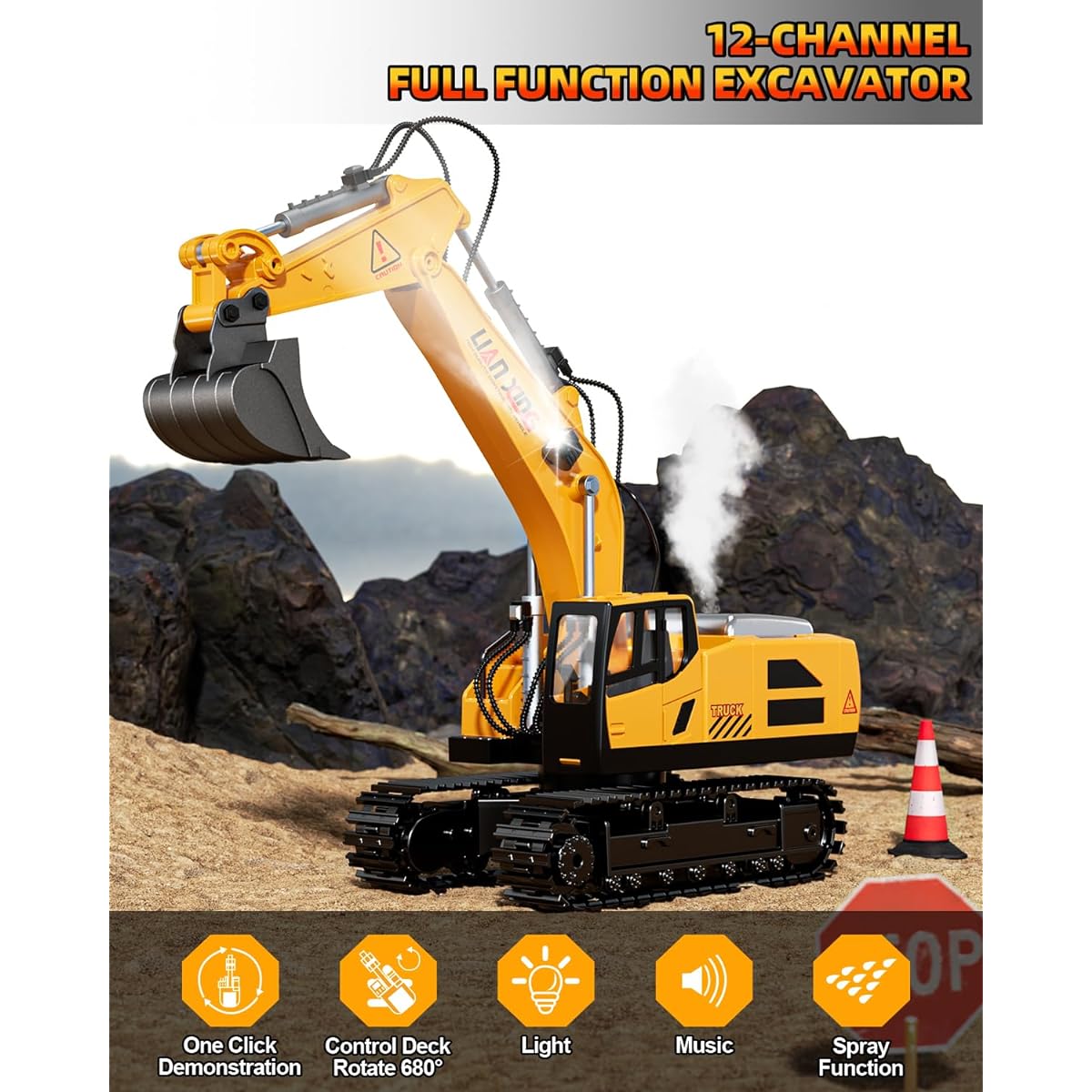 28°C Remote Control Excavator 1:20 Scale RC Construction Vehicle Toy 12 Channel 2.4Ghz Electric Truck Sandbox Digger Toy Boys Girls Kids