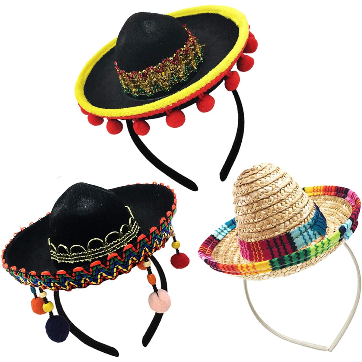 kockuu Sombrero Hats Mini Mexican Party Hats with Headband for Kids Boys Girls Adults Fiesta Mexican Birthday Cinco de Mayo Day of the Dead Party Decorations 3 Pack