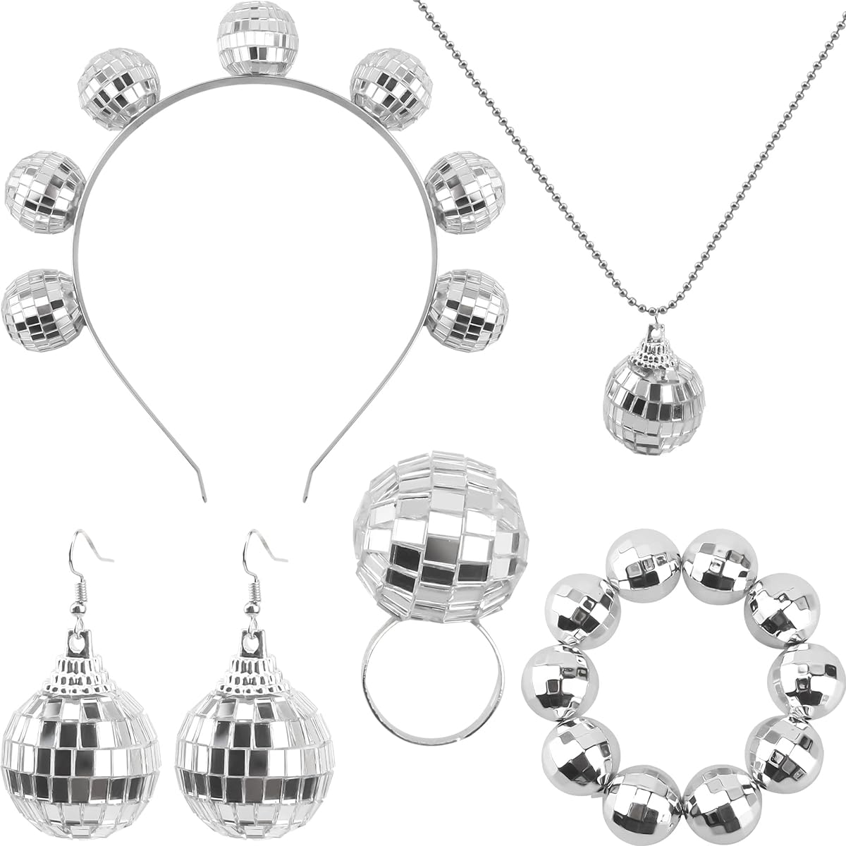 Fahacop 6 Piece Disco Accessories Set for Women Disco Ball Headband Necklace Bracelet Ring Earrings 70s Dance Party Costume Accessories, Plastic, No Jewels
