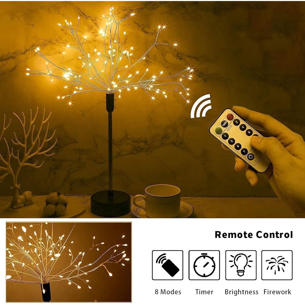 Keeda Fireworks Fairy Table Lamp with Remote Control, 120 LED DIY Starburst Copper Wire Night Light USB/Battery Powered 8 Modes Dandelion Decorative Desk Lamp for Bedroom Christmas Wedding Party (2 Pack)