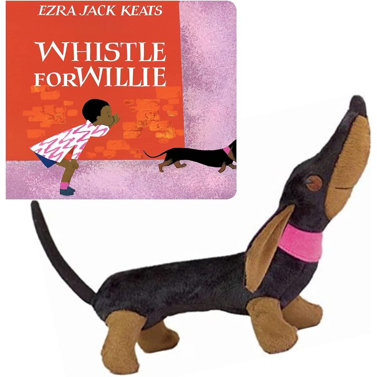 Ezra Jack Keats Gift Set Whistle for Willie Board Book Merrymakers Dachshund Stuffed Animal Dog & We 3 Books Gift Bag (Educational Classics for Practice and Learning)