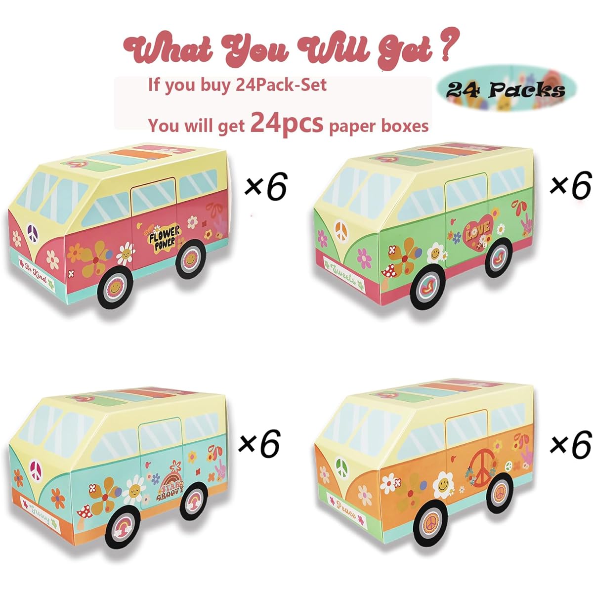 KIWILEPI Groovy Party Decorations 8/24 Pack Groovy Party Favors Boho Hippie Bus Boxes for 2 Groovy Birthday Party Decorations Retro 60s 70s Table Centerpieces Sweets Candy Paper Boxes Party Supplies (24)