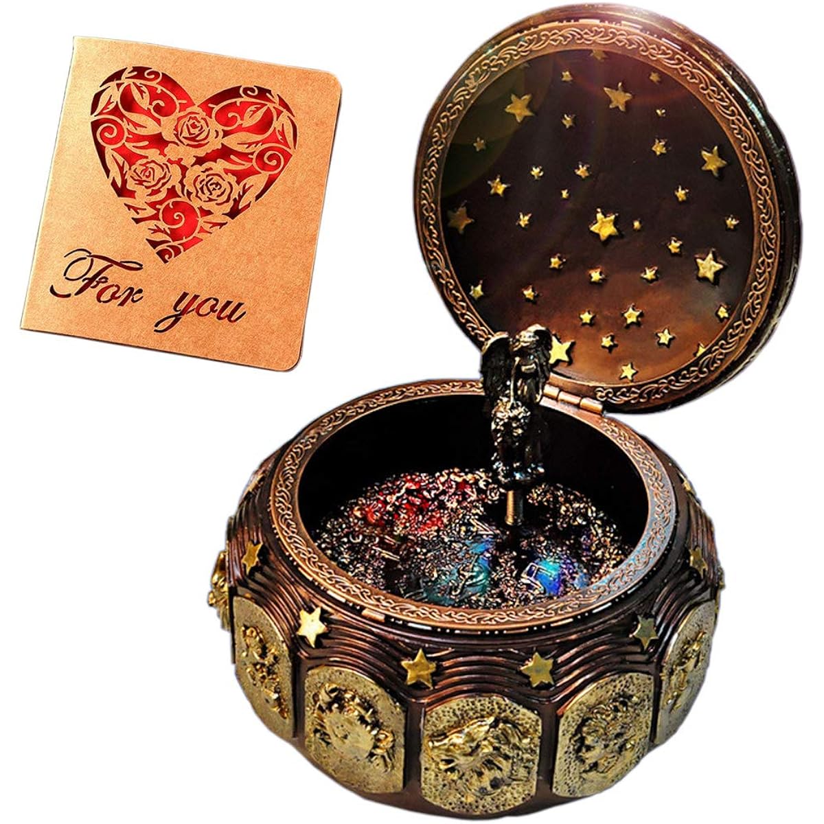 (A1 Gold) - Vintage Music Box with 12 Constellations Rotating Goddess LED lights Twinkling Resin Carved Mechanism Musical Box with Sankyo 18-Note Wind Up Signs of the Zodiac Gift For Birthday Christmas (A1 Gold)