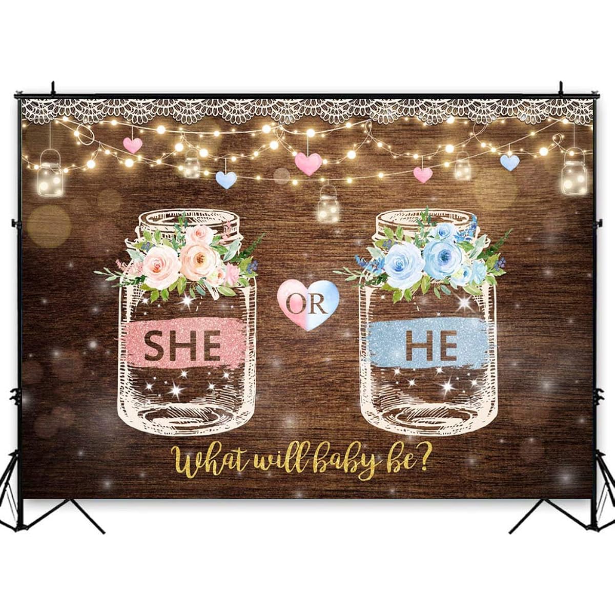 Avezano She or He Gender Reveal Backdrop Brown Wood Wishing Bottle Pink and Blue Flowers Gender Reveal Background Lace String Lights Gender Reveal Decorations (6x4ft)