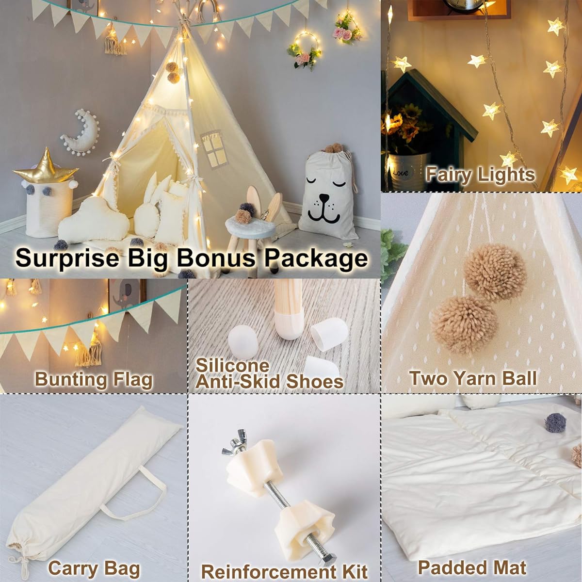 TreeBud Kids Teepee Tent with Padded Mat, Banner, Fairy Lights, Yarn Balls and Carry Bag - Beige Cotton Canvas Play Tent for Kids with Tassels, Lace Playhouse Teepee Kids Room Decor