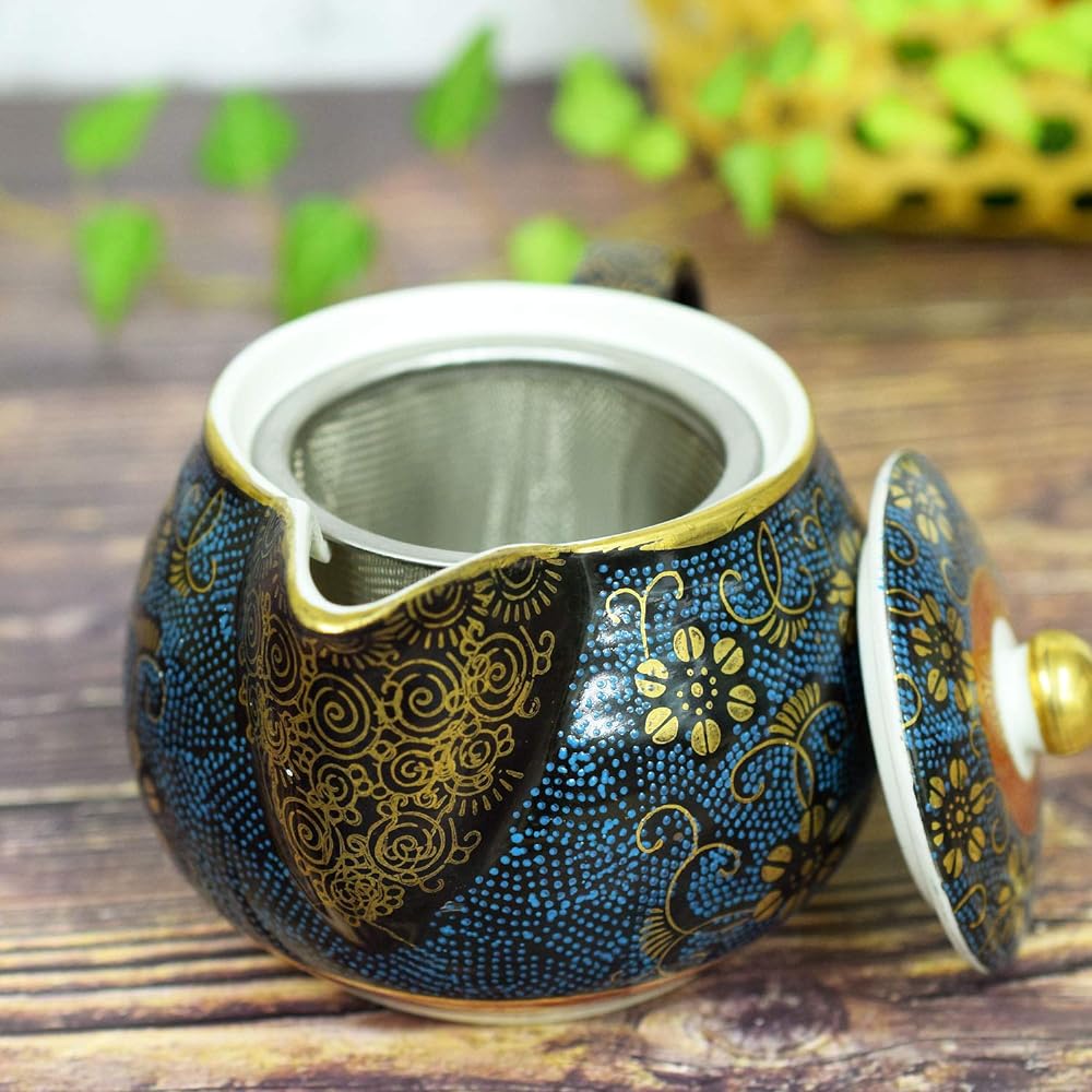[With easy-to-clean tea strainer net] Kutani ware pot, teapot, blue-grain iron porcelain, Japanese tableware, tea utensils, made in Japan