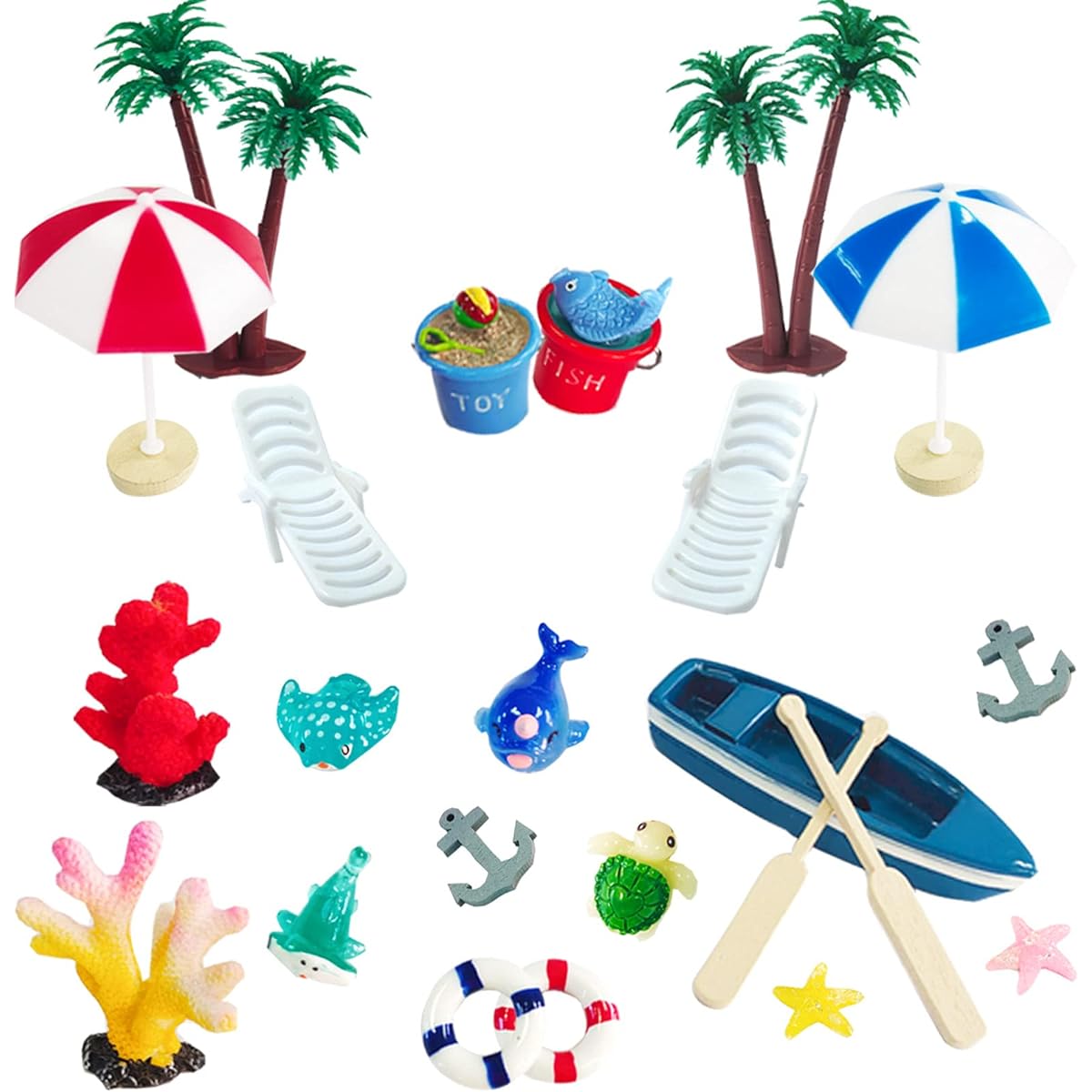 21 Pieces Beach Cake Topper Hawaiian Chairs Boat Palm Tree Umbrella Dollhouse Decor Miniature Ornaments Kit Set Swimming Pool Summer Beach Birthday Party Supplies