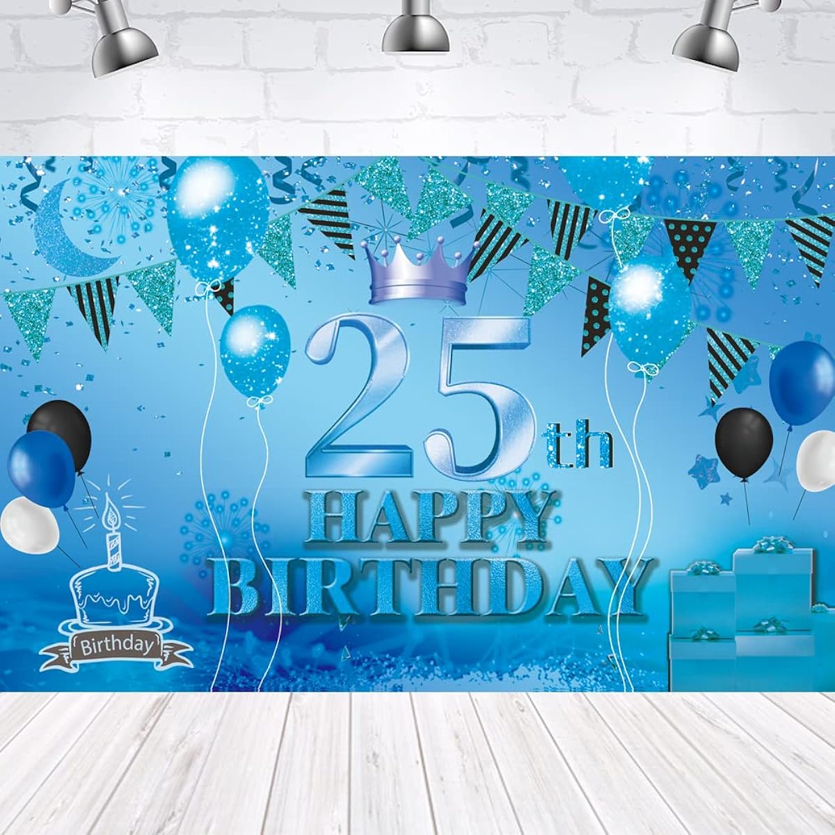Happy 25th Birthday Backdrop Banner, Blue 25th Sign Poster, 25th Birthday Party Supplies, Anniversary Photo Booth Photo Background, Birthday Party Decorations, 72.8 x 43.3 Inch