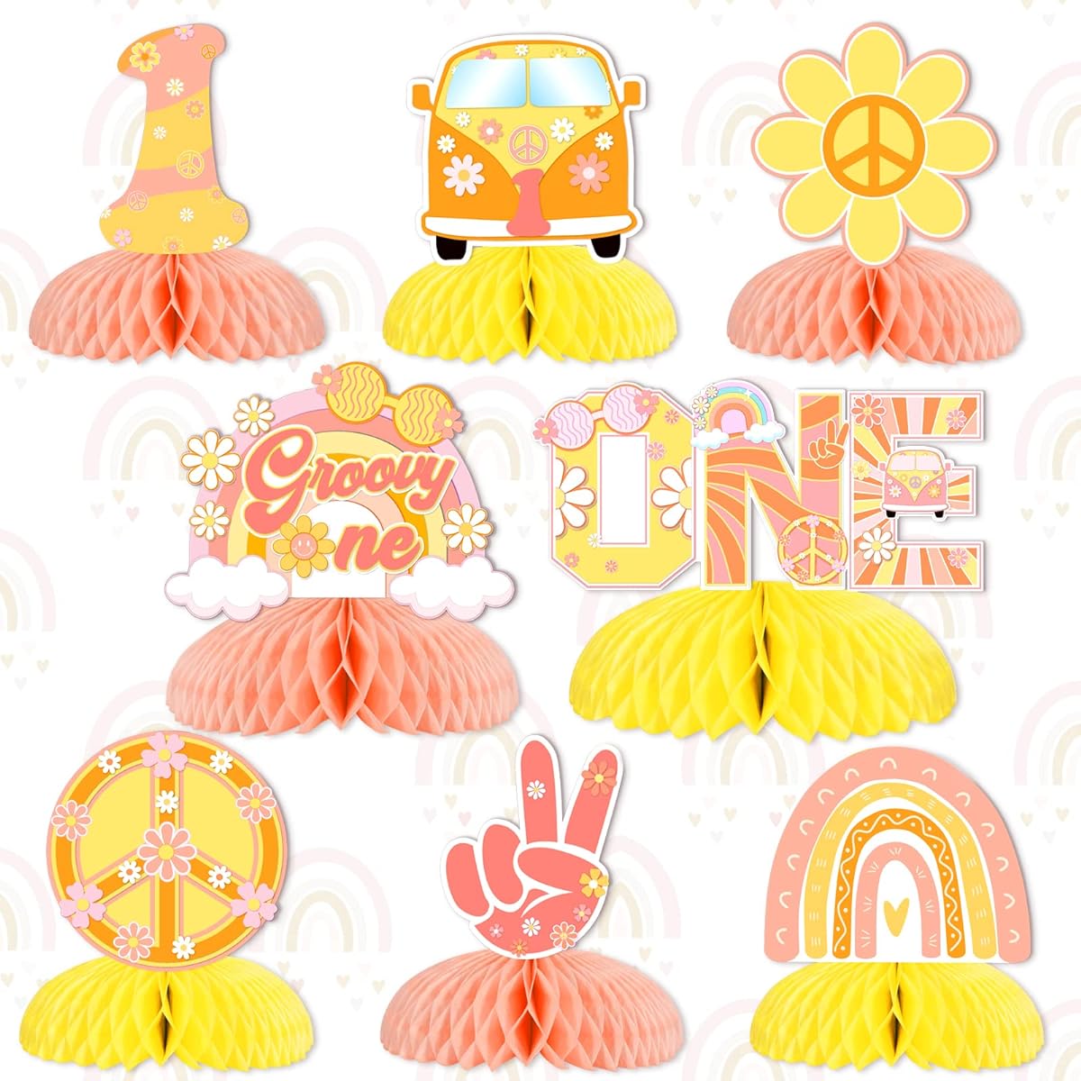 Groovy Hippie Boho Party Honeycomb Groovy One Baby Girl First Birthday Decorations Table Topper Rainbow Groovy Daisy Flower Photo Booth Props Baby Shower Birthday Party Supplies
