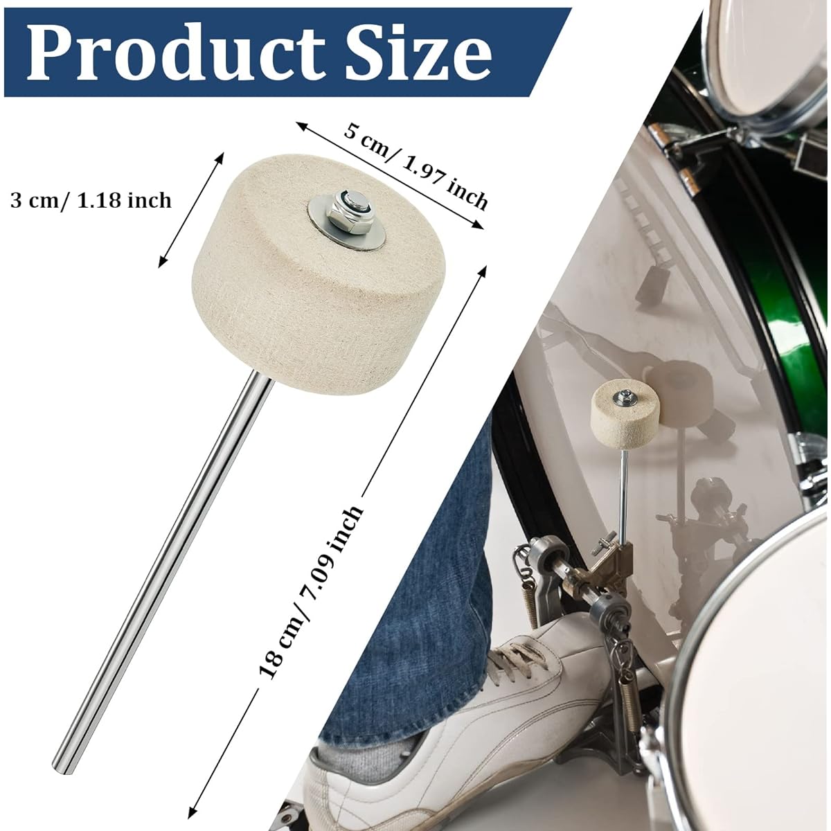 2 Piece White Felt Bass Drum Beater Set Kick Drum Foot Pedal Beater Drum Accessories Parts for Kick Drum Pedal