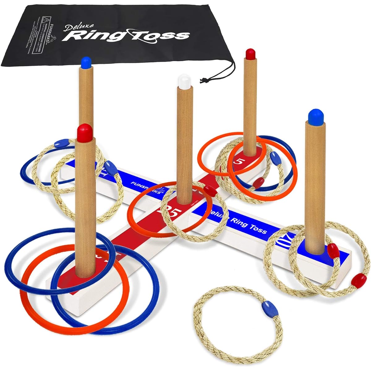 Deluxe Ring Toss Toy - Kids Wooden Outdoor Lawn or Beach Game and Fun Family, Friends or Office Activity - 1 Wood Base - 8 Rope Rings - 8 Plastic Rings - 1 Carry Bag for Travel or Storage