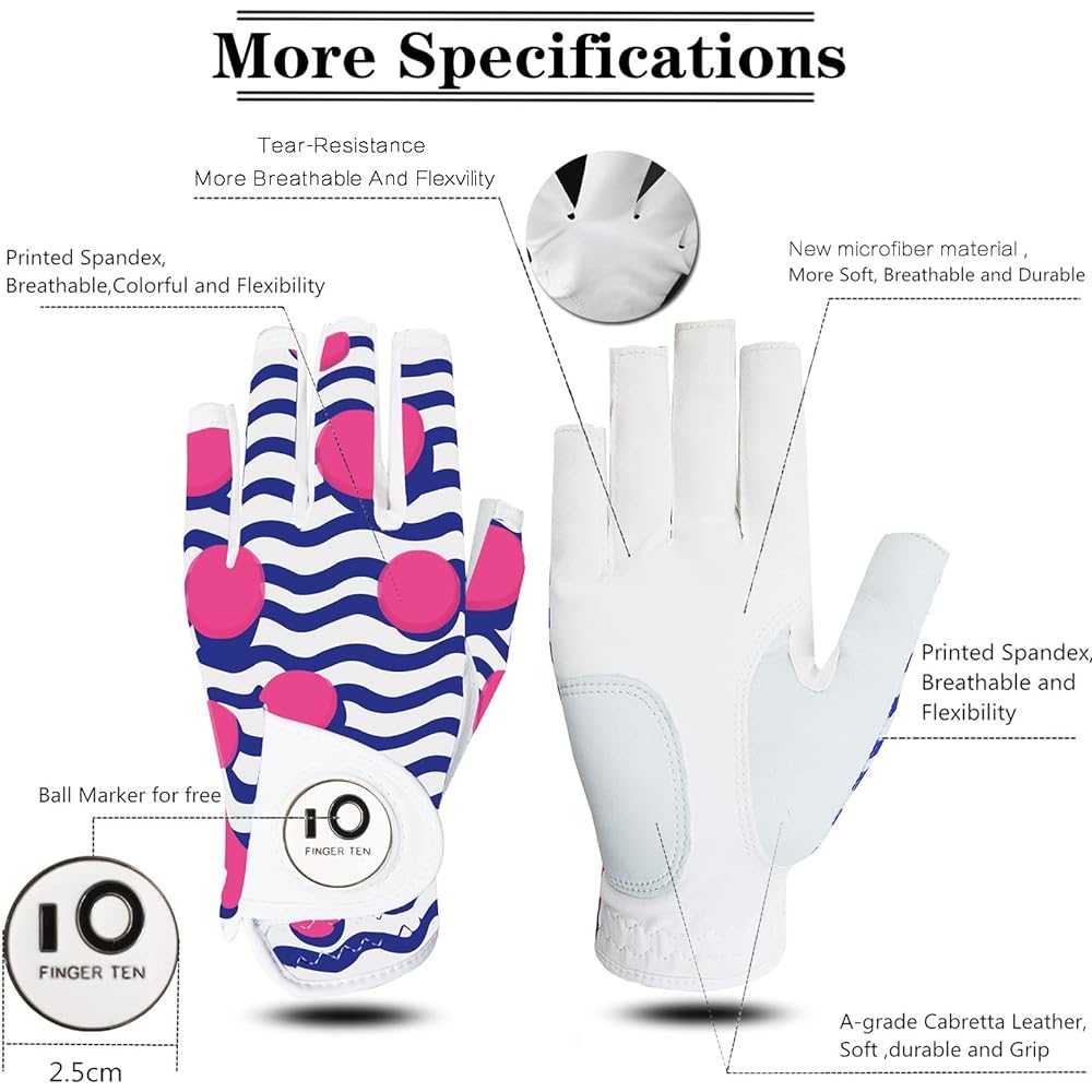 Golf gloves for ladies, both hands, all weather, with ball marker, gripping, soft and comfortable