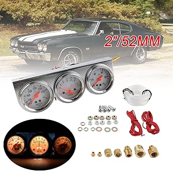 BAGARAATAN Triple Gauge Kit Oil/Volt/Water Gauge 2inch/52mm Chrome Panel 3 in 1 Car Meter Hydraulic Fahrenheit Water Temperature Ammeter Triple Gauge Kit