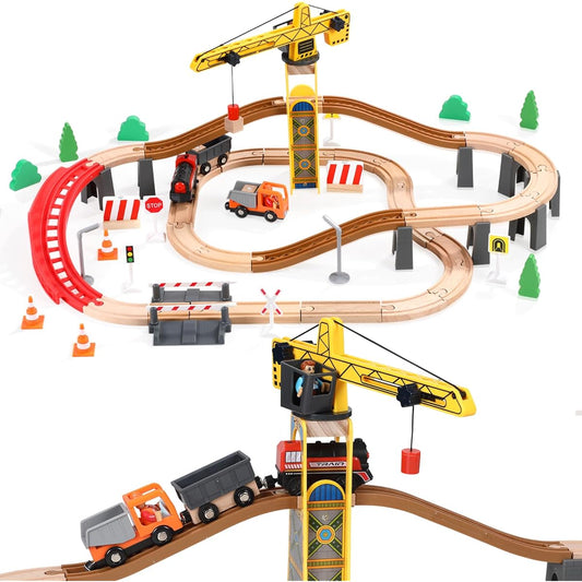 Giant Bean 72 Piece Tower Crane Wooden Train Set - Toy Battery Operated Train Track for Boys and Girls - 3-7 Inches - Fits Thomas the Train, Brio, Melissa, Doug