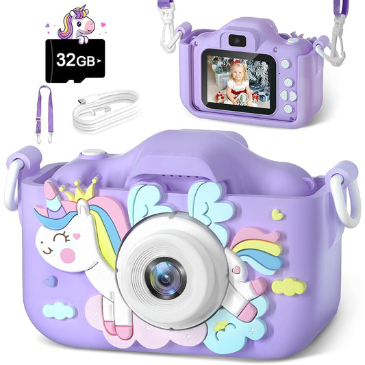 Anesky Kids Camera, Toy Camera for 3 4 5 6 7 8 9 10 11 12 Year Old Girls/Boys, Kids Digital Camera for Toddler with Video, Best Birthday Festival Gift Selfie Camera for Kids with 32GB Card - Purple