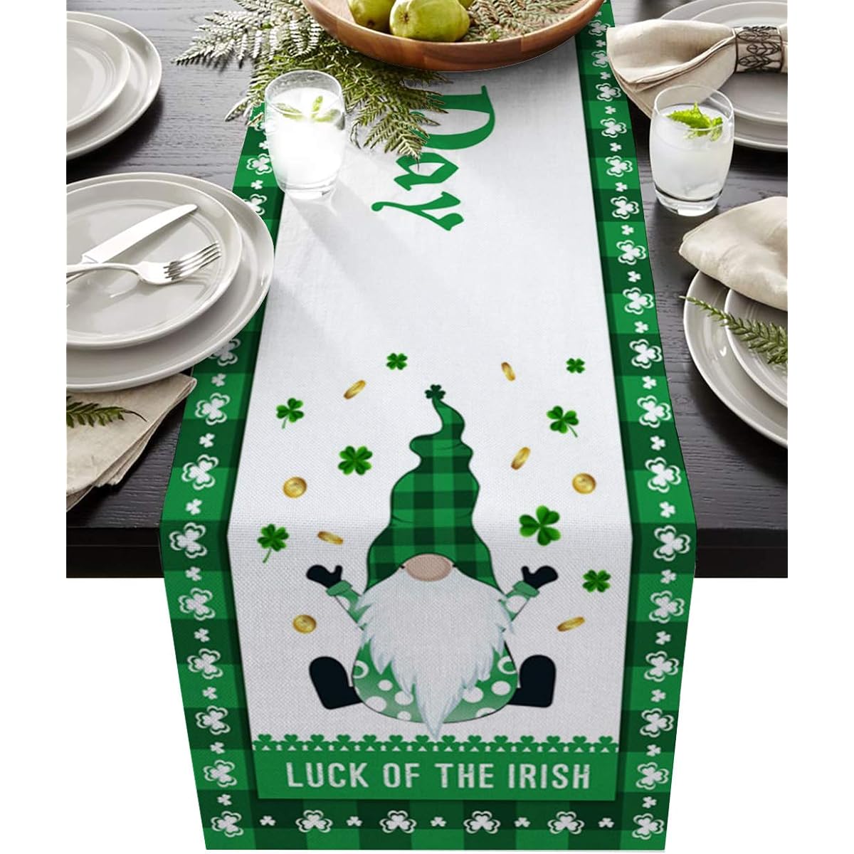 T&H XHome Dining Table Runner Dresser Scarf Linen Burlap Fabric Happy St. Patrick's Day Gnome Lucky Shamrock Washable Table Runner 108" Long Farmhouse Home Kitchen Wedding Party Decor