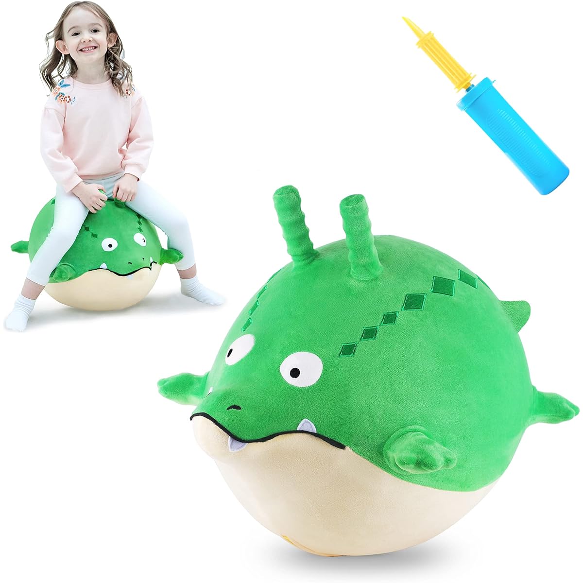 iPlay, iLearn Bouncy Pals Toddler Gator Hopper Ball with Handles, Kids Plush Bouncing Toy, Inflatable Hopping Animal with Pump, Spring Outdoor Sit Jump Birthday Gift for 2 3 4 5 6 Year Old Boys Kids