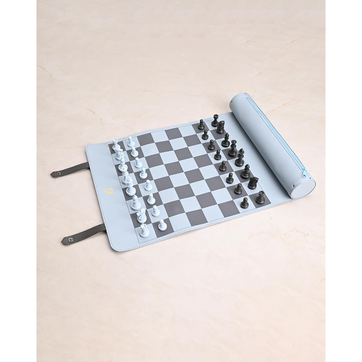 DN DECONATION Portable Chess Set Leather Roll Up Chess Board Foldable Blue & Black Travel Chess Game Mat Resin Chess Pieces for Men Kids Adults Gift (18.90x11.10 Inch)