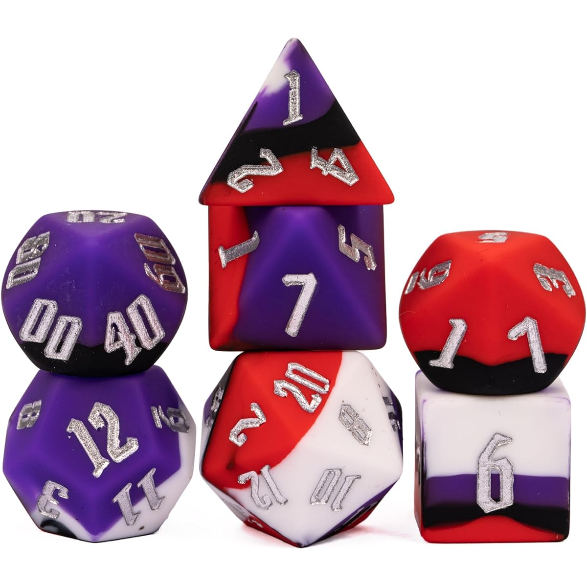 IUSTIDIE 7 Die Silicone DND Dice Polyhedral Dice D&D Dice Set Bright Color Soft & Comfortable Touch Perfect Bouncer for D&D RPG Bar Pub Club Classroom Party Game (Black White Red Purple/B)