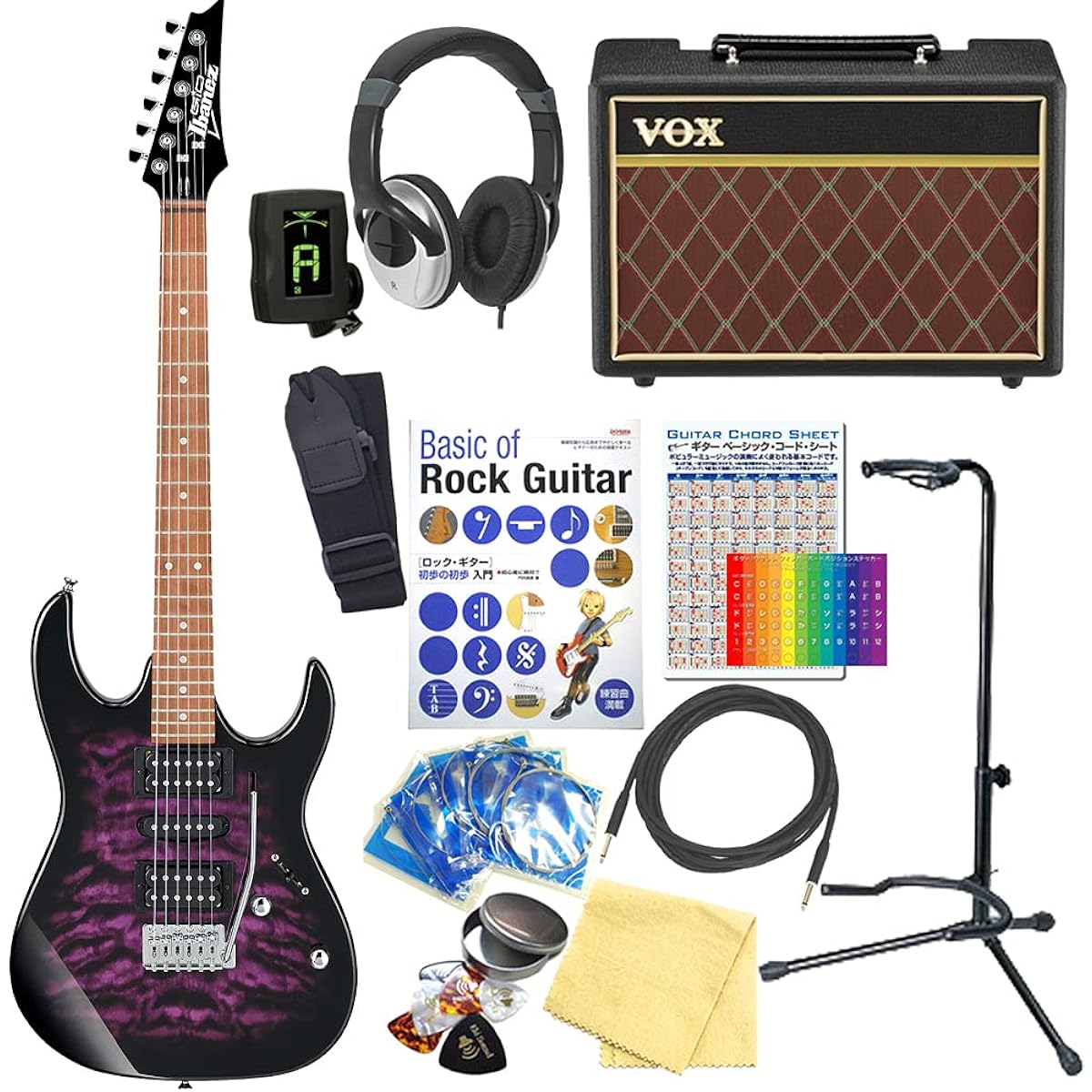 Ibanez GRX70QA TVT Electric Guitar with VOX Amplifier, Beginner's 15-piece Set