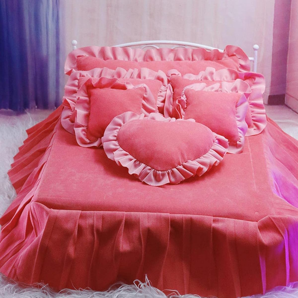DeeRace 1/6 Dollhouse Furniture Miniature Bed Double Bed Miniature Furniture Doll Furniture Dolls House Decoration Scene Accessories - Pink