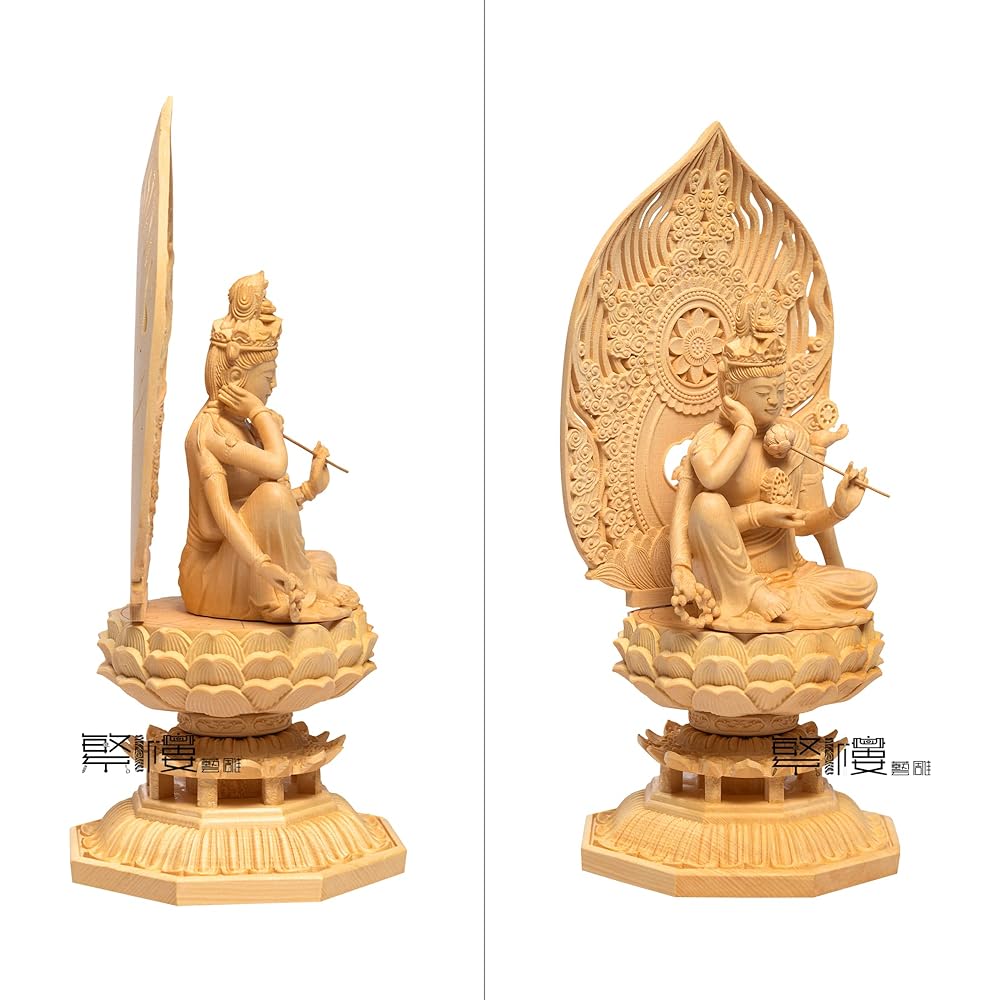 Hanro Art Sculpture Buddha Statue Nyoirin Kannon Bodhisattva Cypress Wooden Amulet, Good Luck, Protection, Prosperity, Blessing (Height 28cm x Width 12cm x Depth 12cm) (Log)
