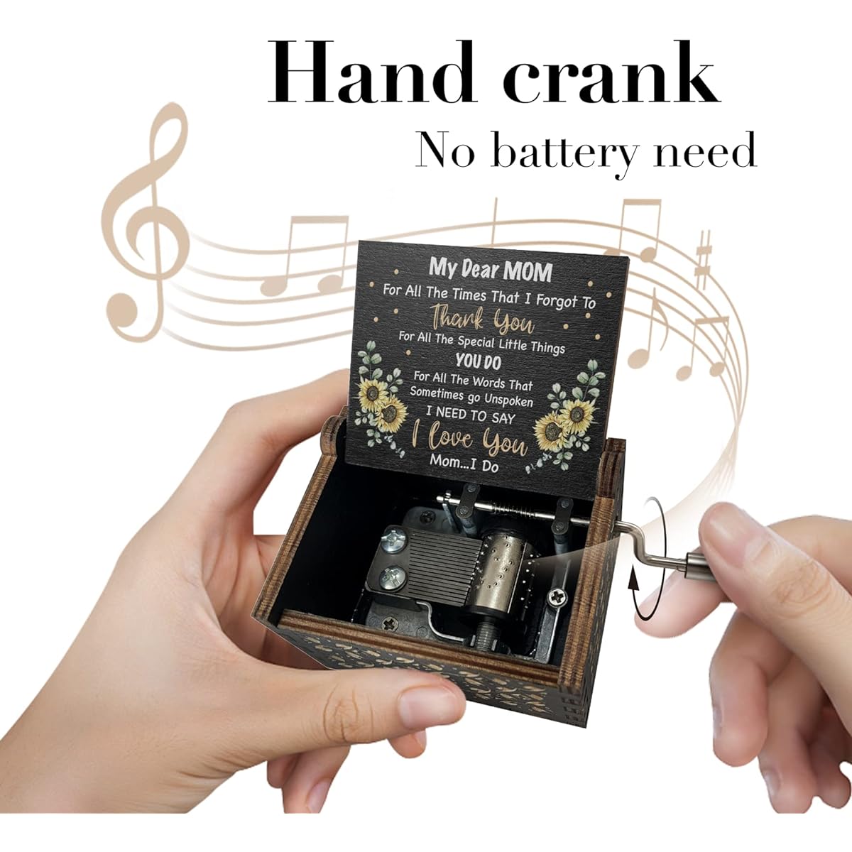 Hcaredee Sunflower Music Box, Dear Mom Gifts for Birthday, Christmas, Mother's Day, You are My Sunshine Hand Crank Engraved Wooden Music Box, Black
