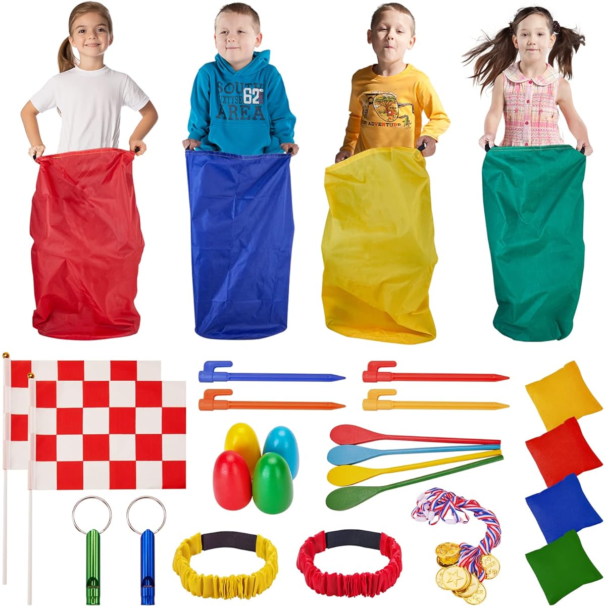 Redllo Outdoor Games for Kids 3-8, Potato Sack Race Bags, Bean Bag Toss Game, 3 Leg Race Bands, Egg and Spoon Race Game, Yard Games, Carnival Games, Birthday Party Games