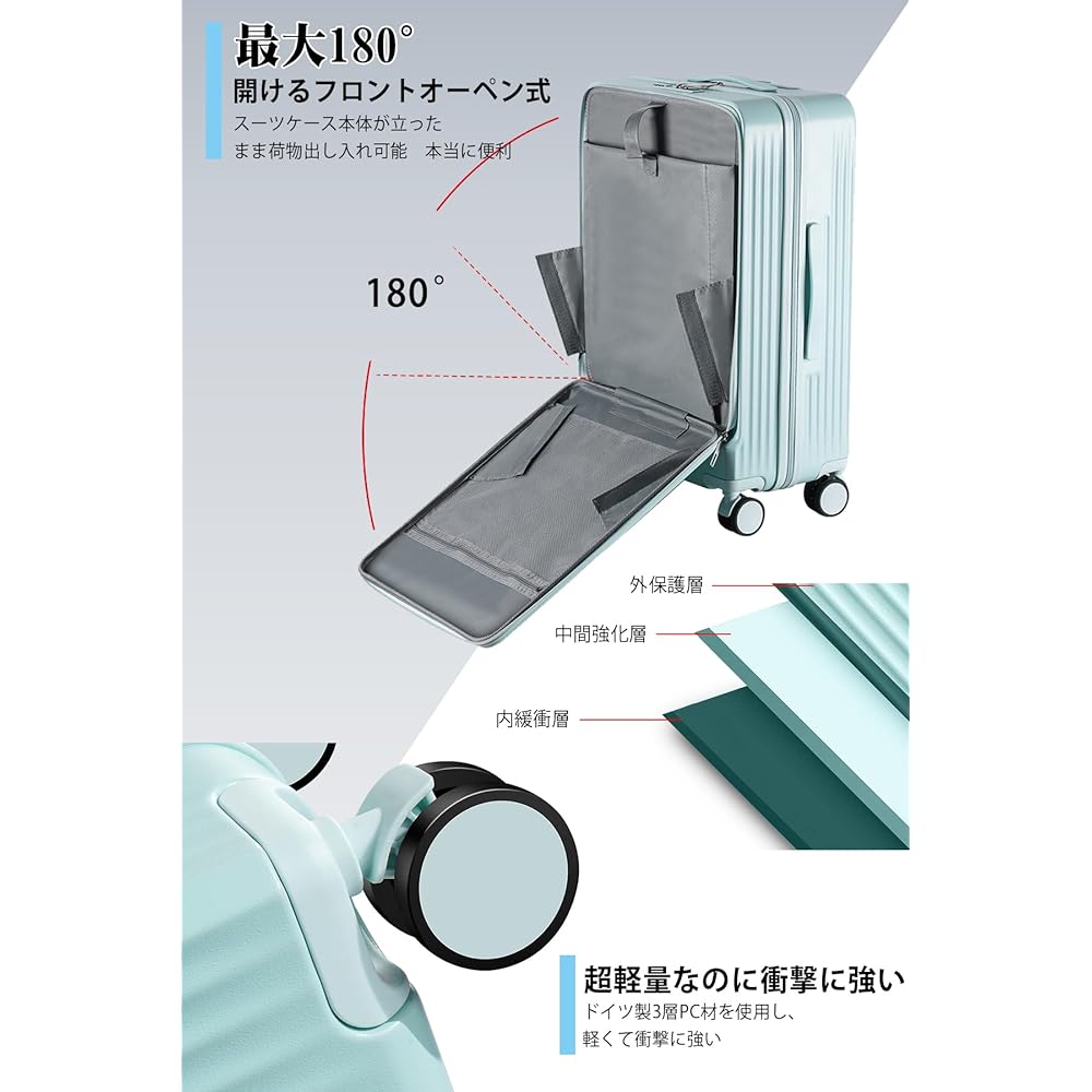 [Himaru Yuhin] Suitcase, Front Open, S 20 Inch, Front Open Carry Case, Carry-on Bag, Shockproof, Ultra Lightweight, Quiet, Double Casters, Equipped with TSA Roke, Zipper Type, Travel, Business, Business Trip (S-20 Inch - Carry-on, Light Blue)