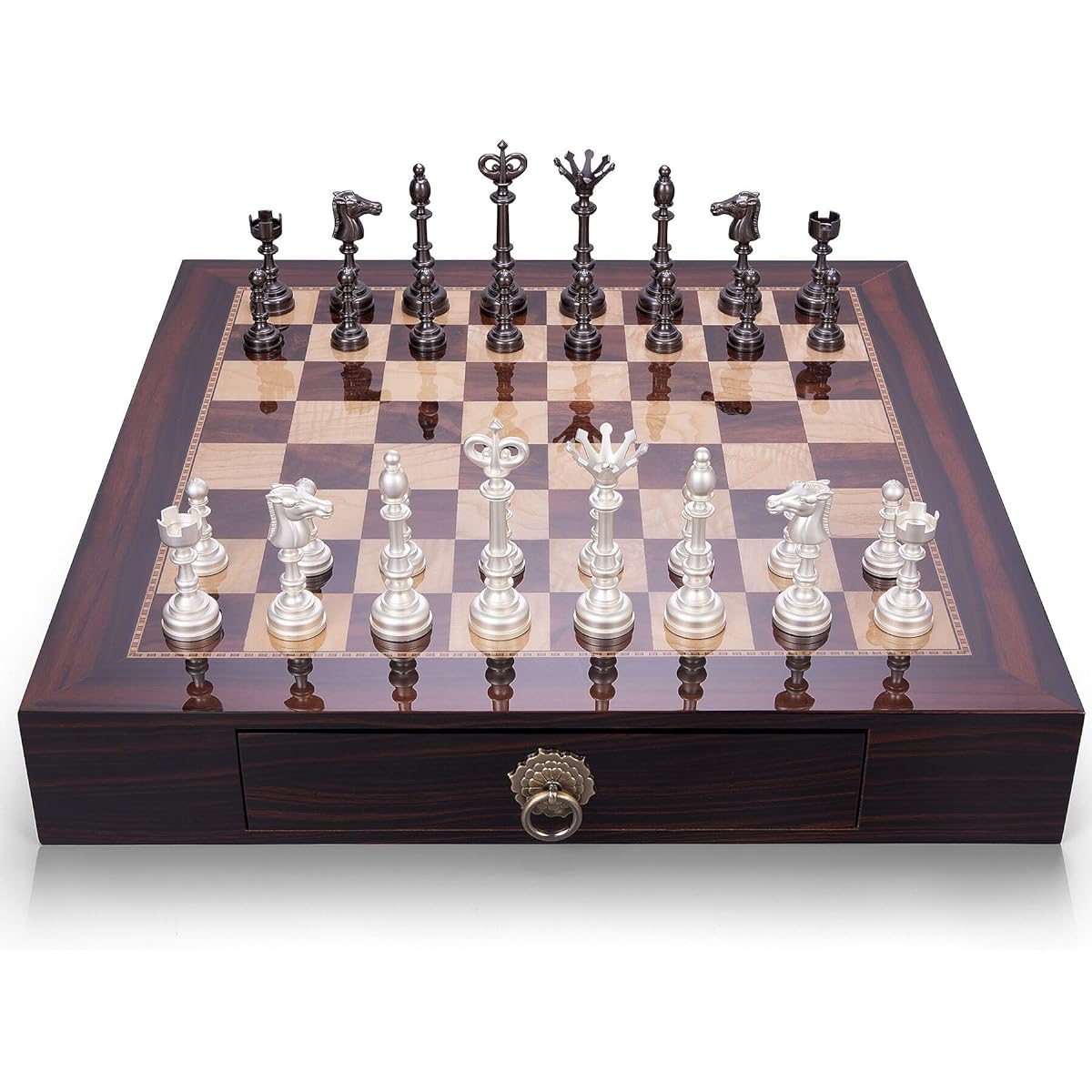 AMEROUS 19.6" Wooden Chess Set with Metal Chess Pieces, 4.5" King, 2 Storage Drawers, Gift Wrapped, Tournament Chess Board Game for Adults and Kids