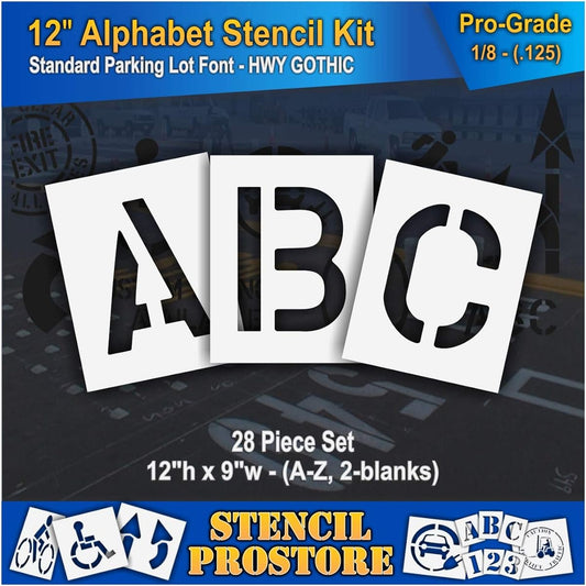 Pavement Stencils - 12" Alphabet Kit Stencil Set - (28 Pieces) - 12" x 9" x 1/8" (128 Mil) - Professional Grade