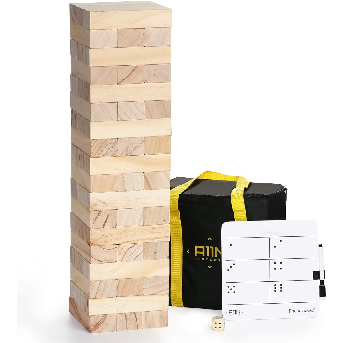 A11N Large Toppling Tower Game | 54 Blocks, Starts at 1.5 Feet Tall and Build to 3 Feet Tall | Wooden Stacking Yard Game with Carrying Bag, Rules Board, 2 Dice