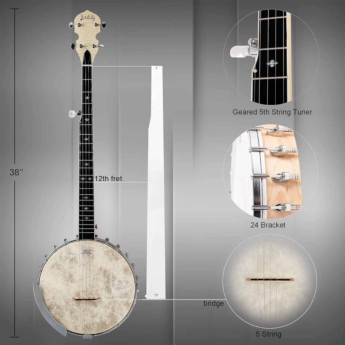 Mulucky 5 String Banjo Full Size with 24 Brackets Open Back Maple Banjo with Remo Head Geared 5th Tuner Gift Package with Beginner Kit - B1102