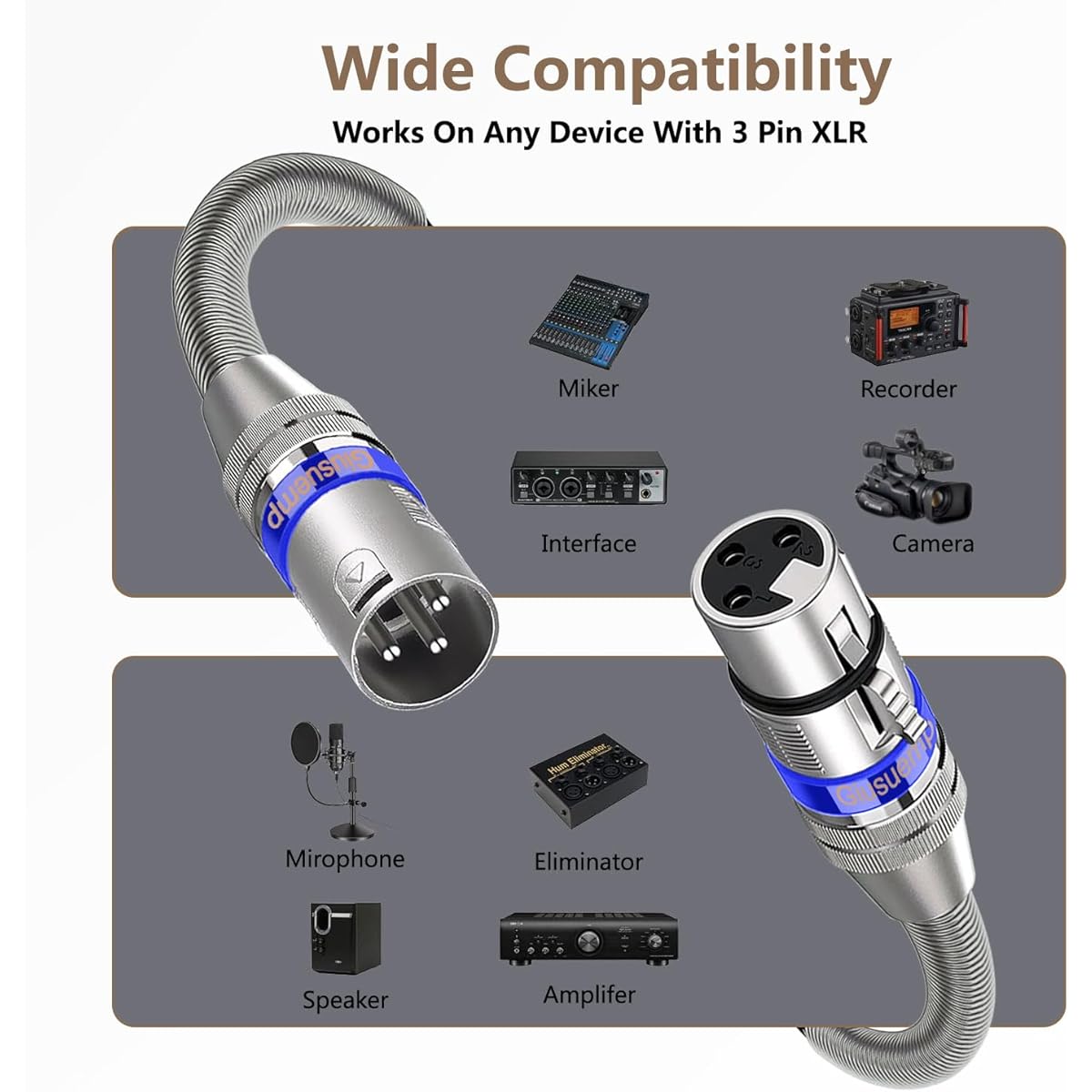 Giusuemp XLR Cable 10ft 2 Pack Premium XLR Microphone Cable 3 Pin Balanced Shielded XLR Male to Female Microphone Speaker Cord Metal Spring SR