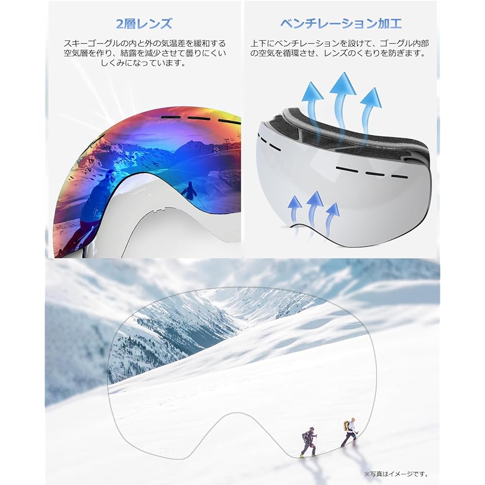 [unifun] Ski Goggles, Snowboarding Goggles, Snowboarding Goggles, Wide View Baseball Lens, UV400 Protection, Anti-Fog, Glasses Compatible, Helmet Compatible, Double Lens, Frameless, 3 Layer Sponge, Asian Fit, Windproof, Snowproof, Dustproof, Lightweight,