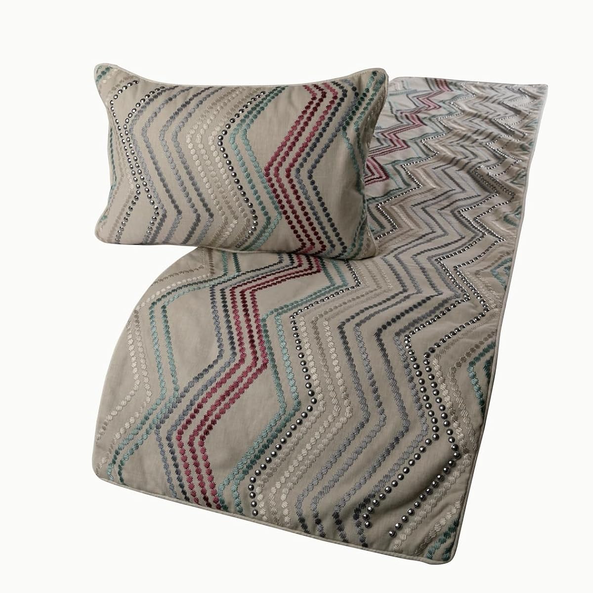 Decorative Beige CA King 215x45 cm Bed Runner without Cushion Cover, Chevron & Bead Embroidery Linen Bed Runner Geometric - Dotty Chevron