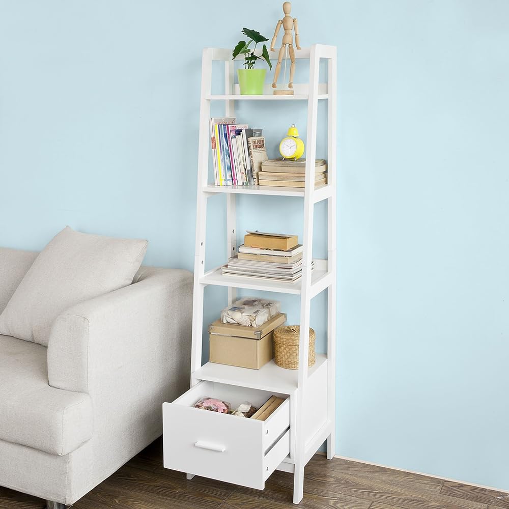 SoBuy Open Shelf Bookshelf Slim Open Rack Wooden Display Rack Storage Shelf [5 Tiers Width 44cm with Drawers Scandinavian Style Stylish] Gap Storage Living Room Storage Decorative Shelf (FRG116-K-W/White)